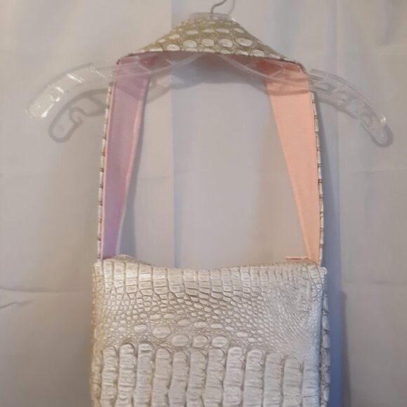 NEW Alligator print pebbled Faux Leather Satchel Shoulder Bag Beige Pink Minimal - Picture 6 of 11